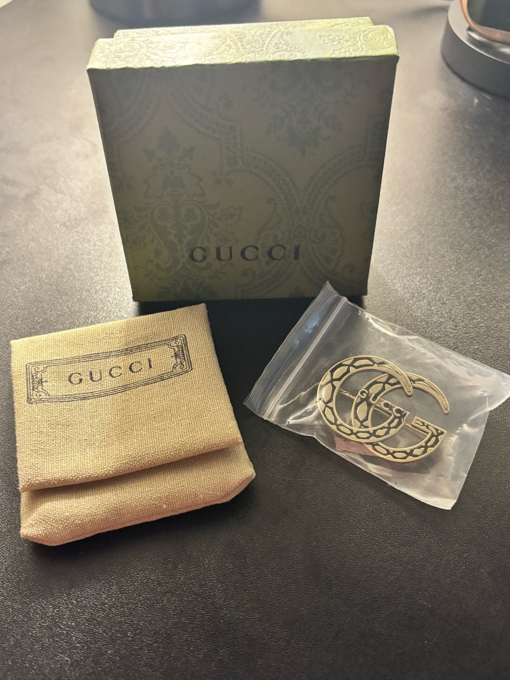 Gucci Double G Logo Pin in Antiqued Brass Tone